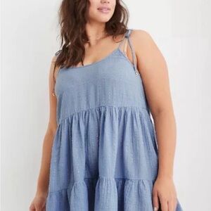 Aerie Magic Hour Blue Gauze Tiered Mini Dress Boho Tie Strap Beach
